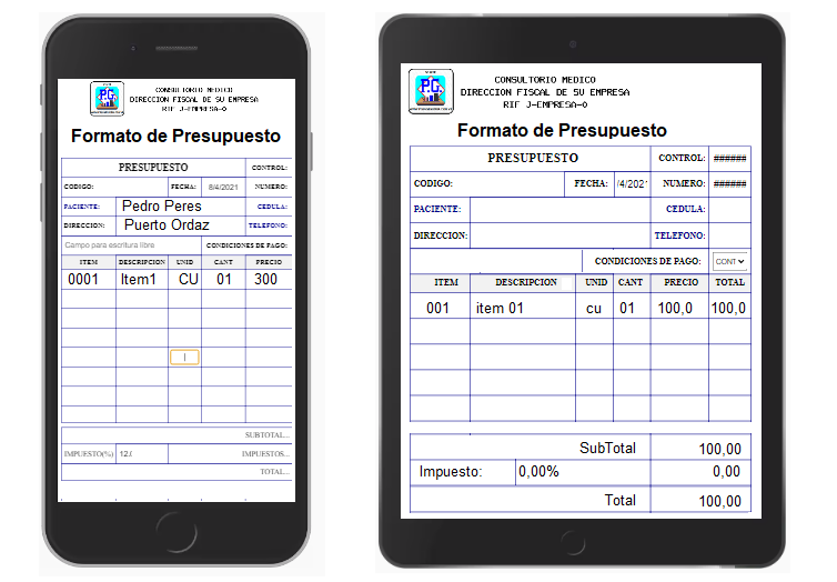 Formato de Presupuesto adaptado a las dimensiones de la pantalla